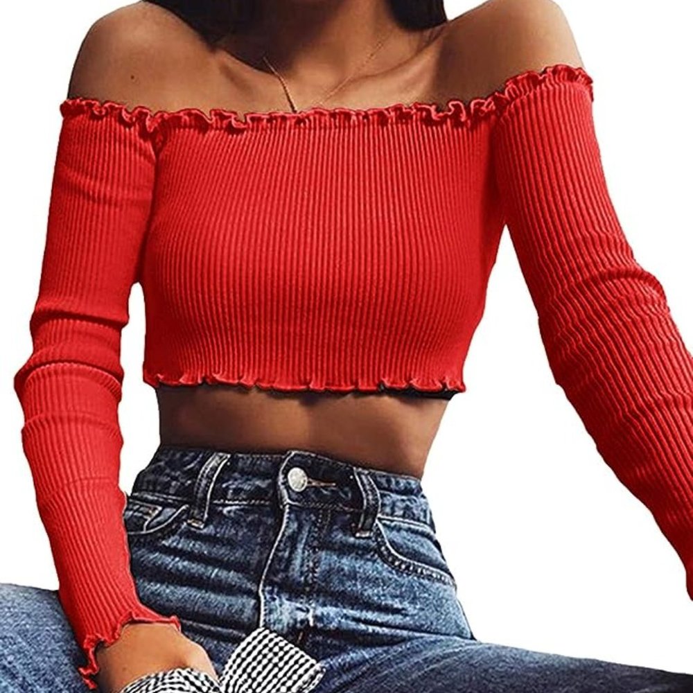 Red off the shoulder long-sleeve shirt